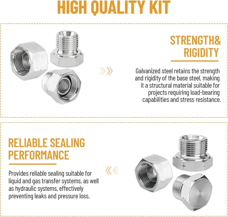 Venussar 56 Pcs BSPP Cap and Plug Kit, Hydraulic Cap and Plug Kit with Precision Threading, Galvanized Steel Hydraulic Fitting Adapter Kit, Dash Sizes 02/04/06/08/10/12/16 - Image 4